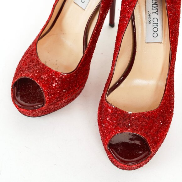 Jimmy Choo Crown Red Coarse Glitter Platform Pumps - Picture 6 of 9